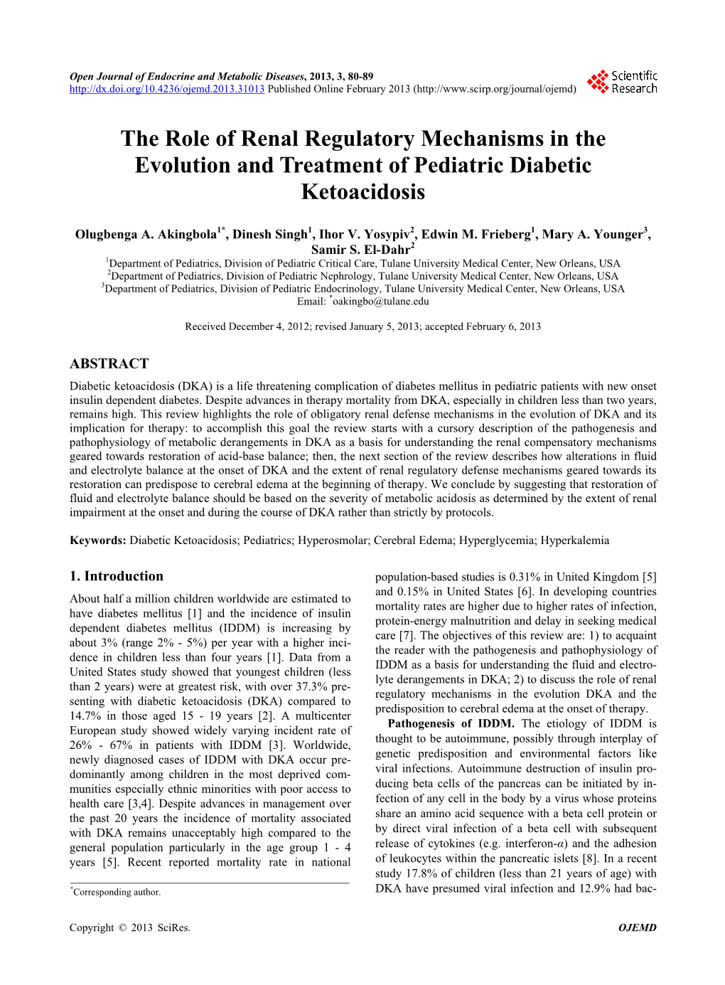 The Role of Renal Regulatory Mechanisms in the Evolution and Treatment of Pediatric Diabetic Ketoacidosis