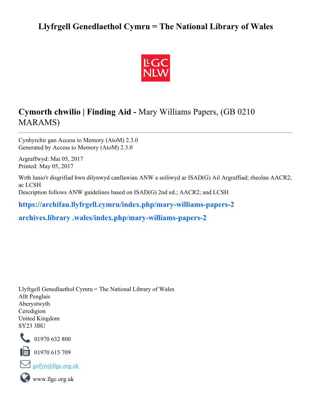 Finding Aid - Mary Williams Papers, (GB 0210 MARAMS)