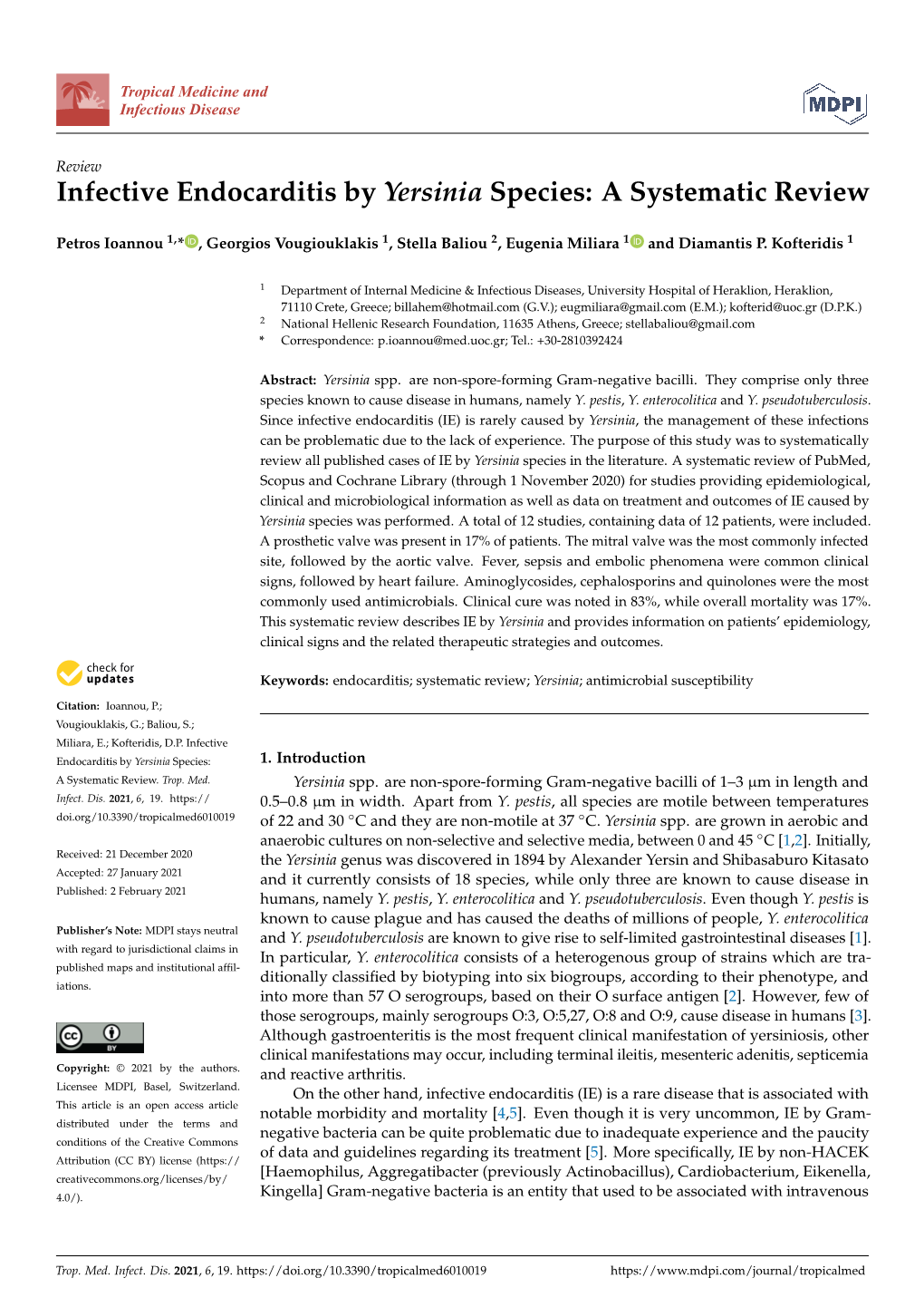 Infective Endocarditis by Yersinia Species: a Systematic Review