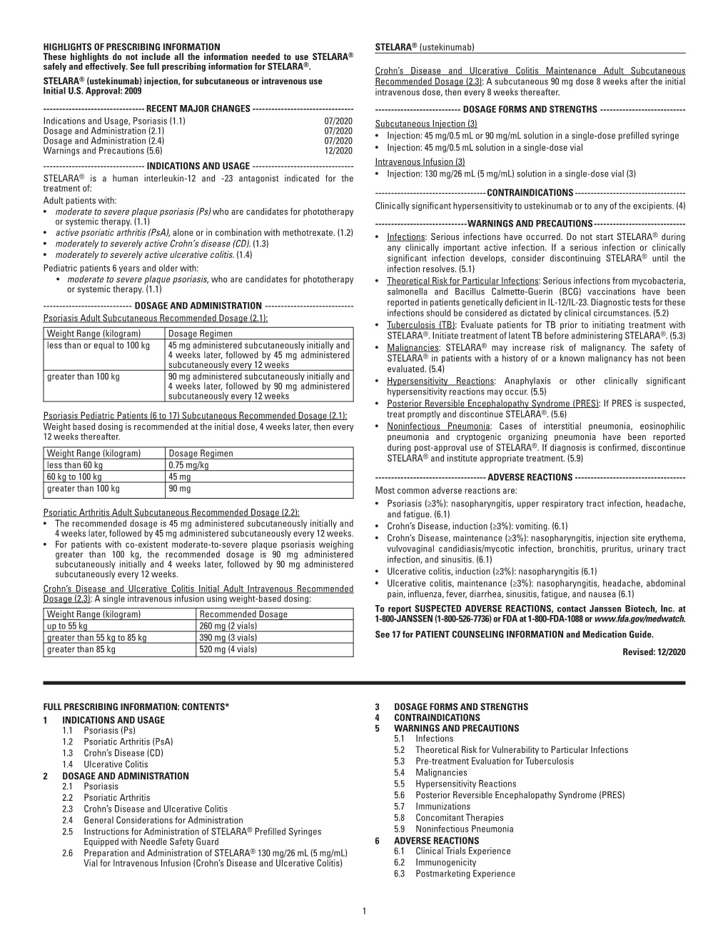 1 STELARA® (Ustekinumab) FULL PRESCRIBING INFORMATION: CONTENTS* 1 INDICATIONS and USAGE 1.1 Psoriasis (Ps) 1.2 Psoriatic Arthr