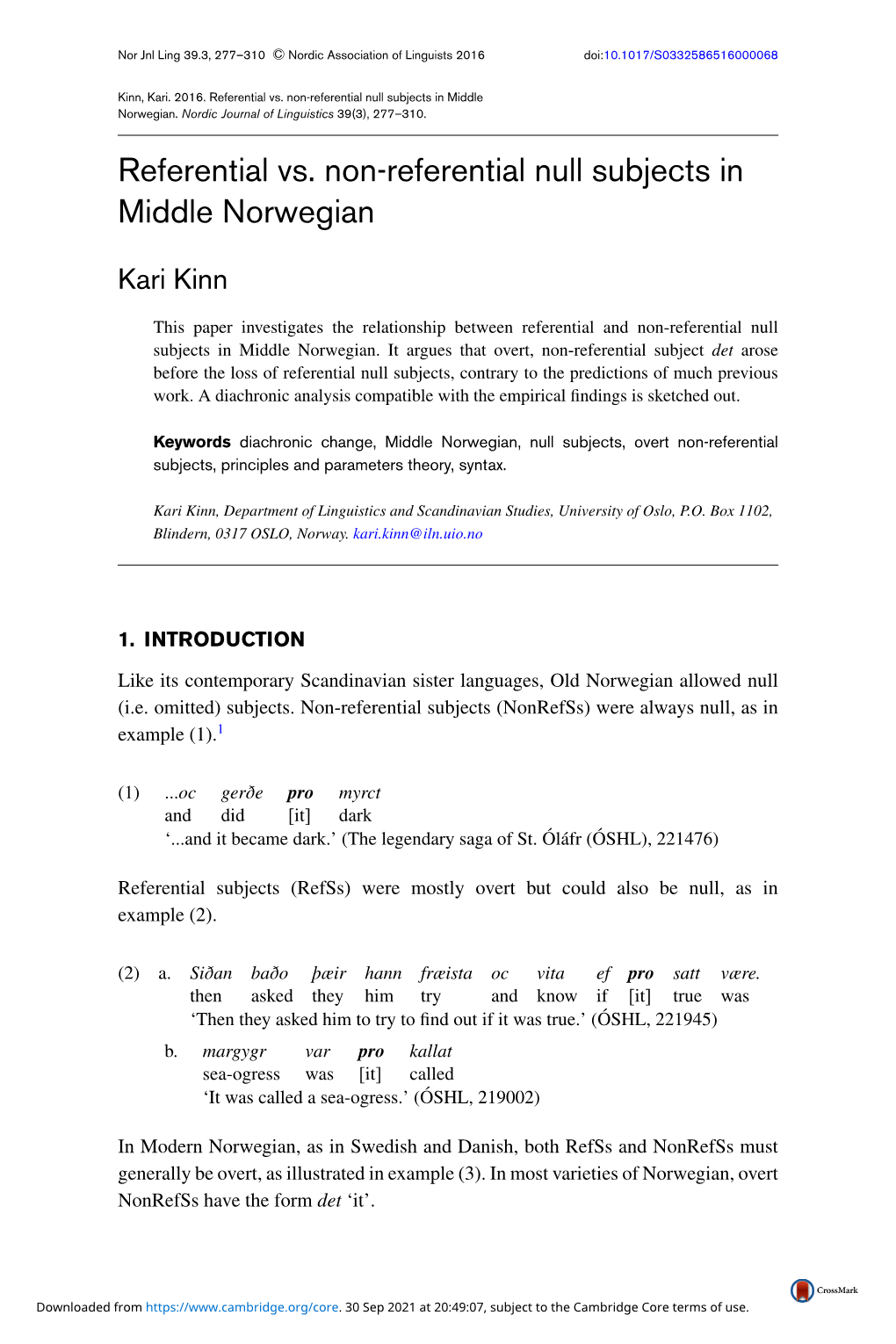 Referential Vs. Non-Referential Null Subjects in Middle Norwegian