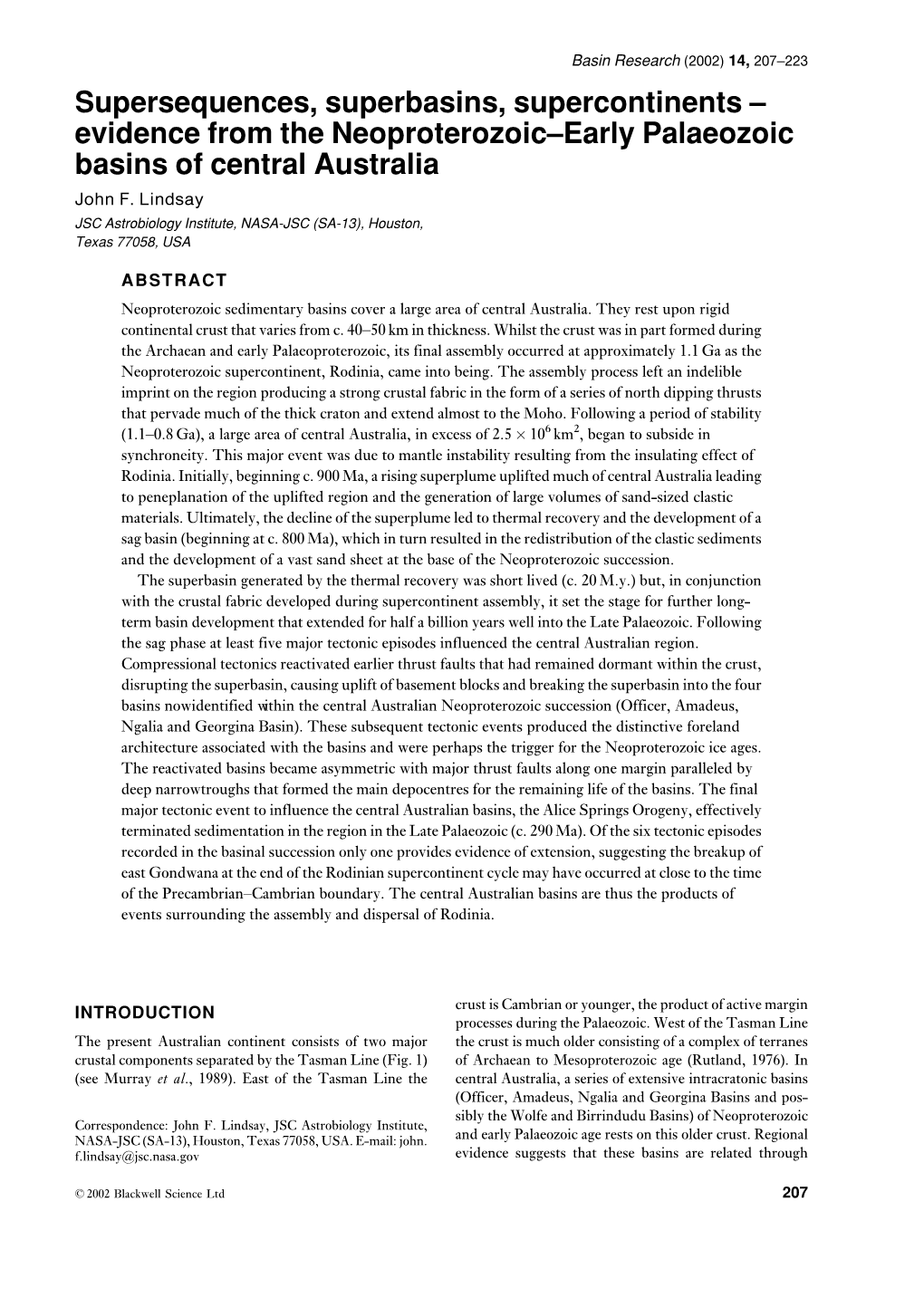 Supersequences, Superbasins, Supercontinents ± Evidence from the Neoproterozoic±Early Palaeozoic Basins of Central Australia John F