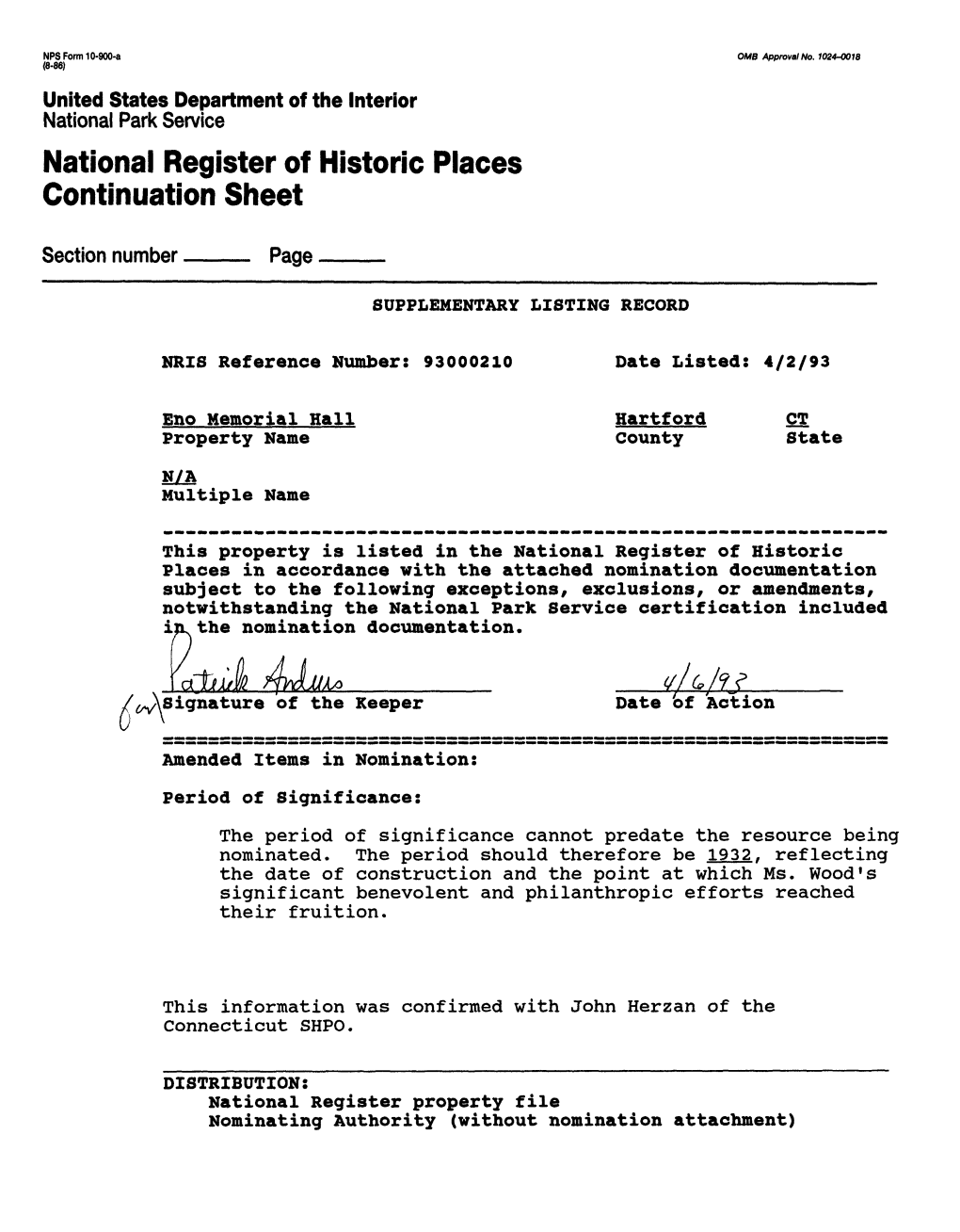 National Register of Historic Places Continuation Sheet