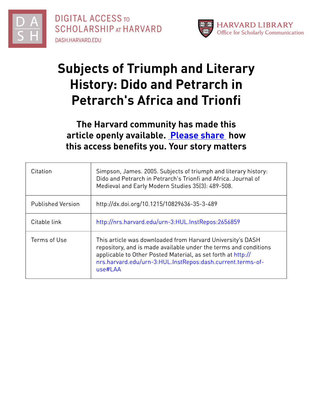 Subjects of Triumph and Literary History: Dido and Petrarch in Petrarch's Africa and Trionfi