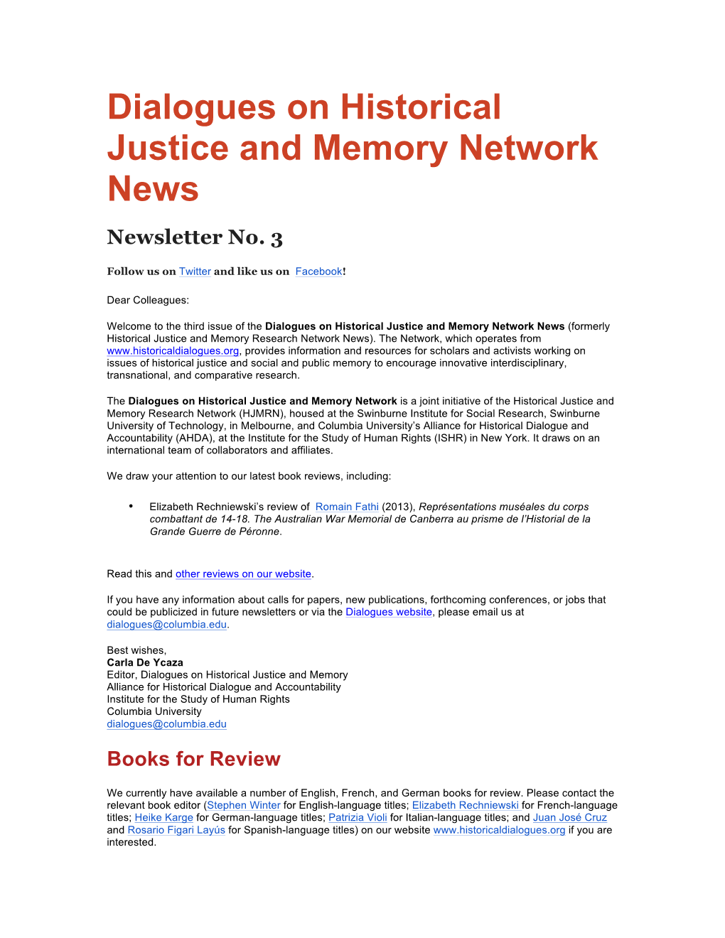 Dialogues on Historical Justice and Memory Network News