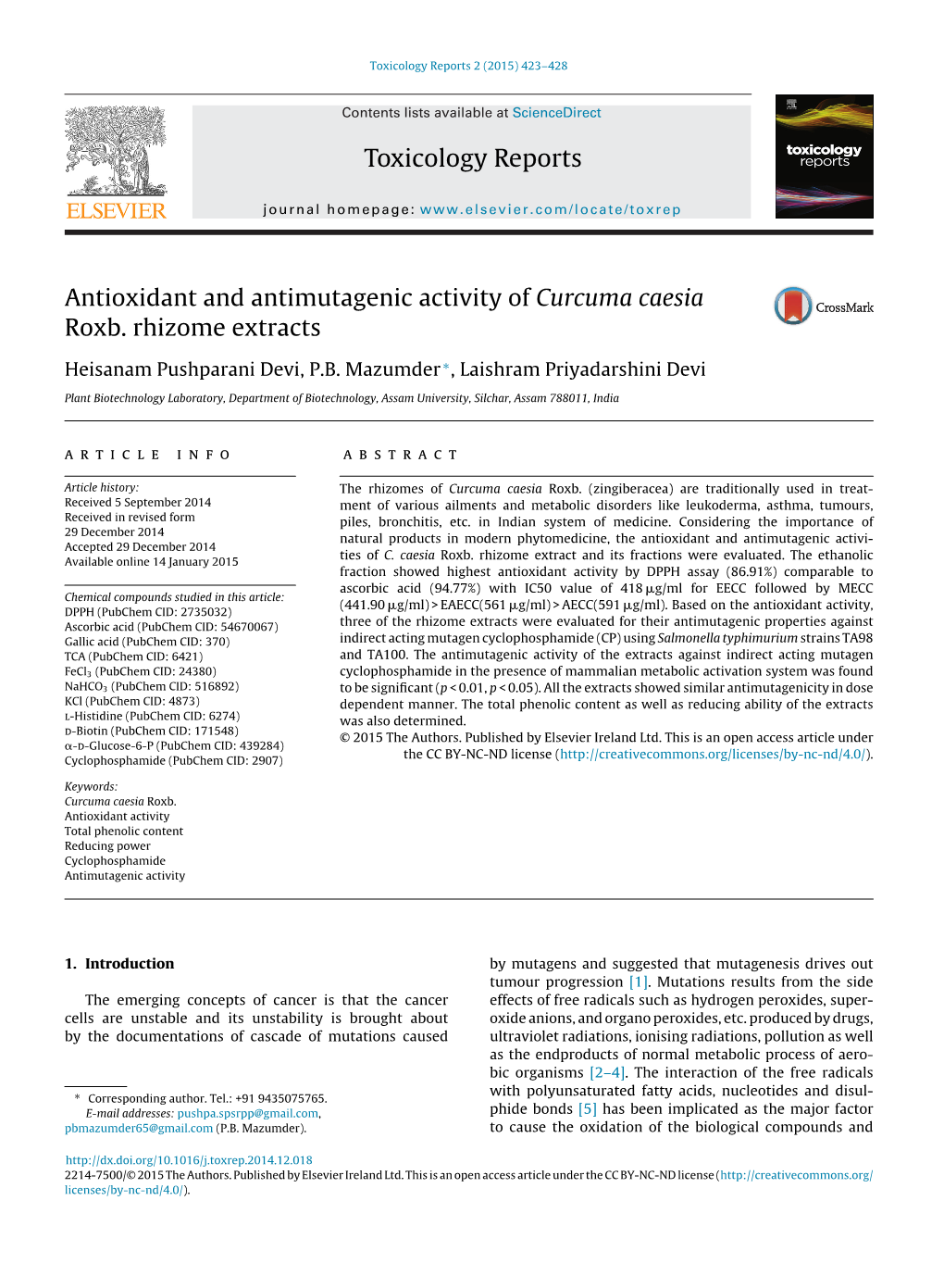 Antioxidant and Antimutagenic Activity of Curcuma Caesia Roxb. Rhizome