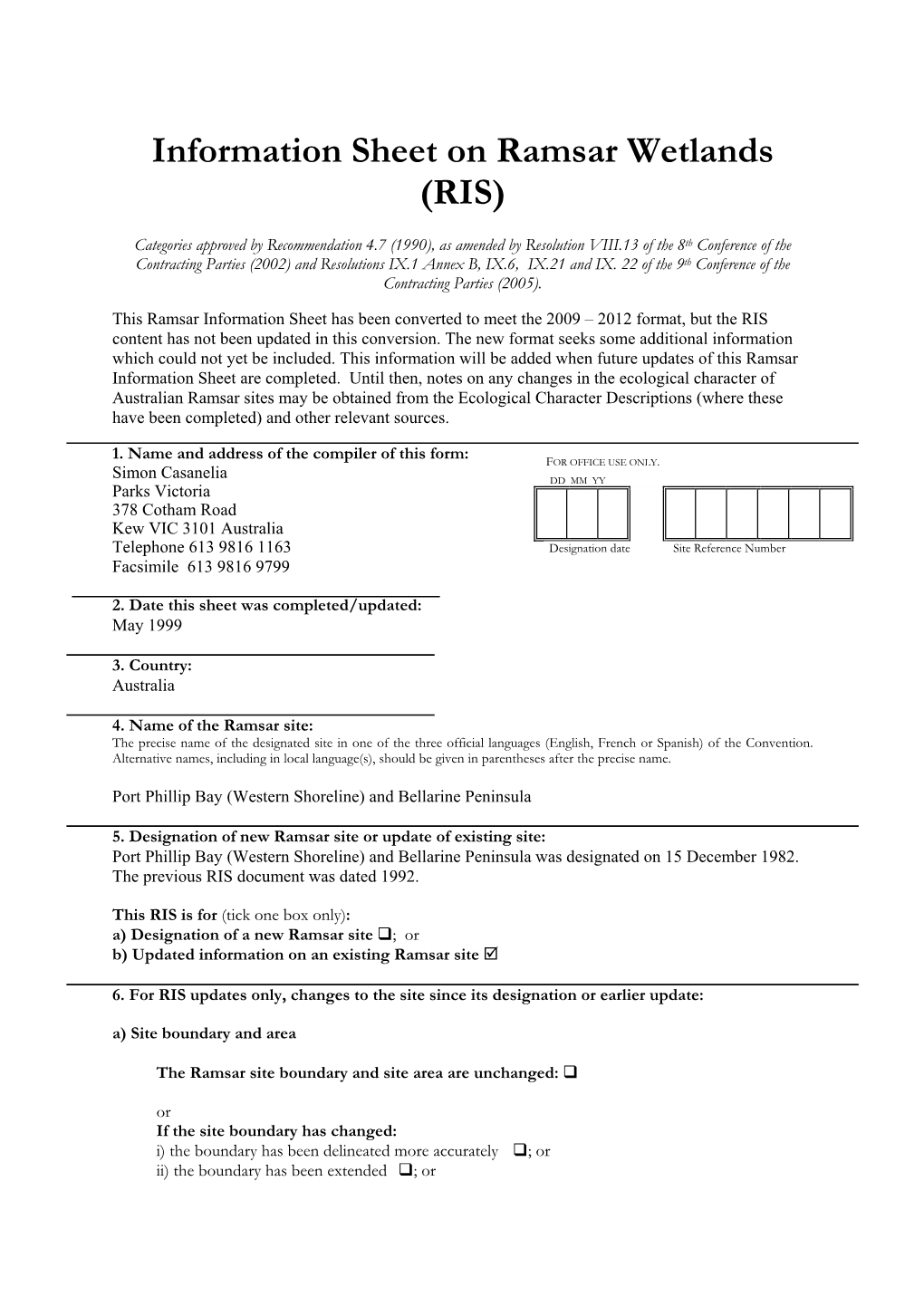 Information Sheet on Ramsar Wetlands (RIS)