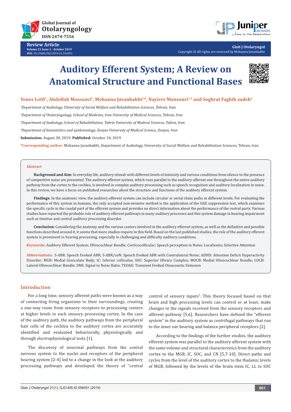 Auditory Efferent System; a Review on Anatomical Structure and Functional Bases