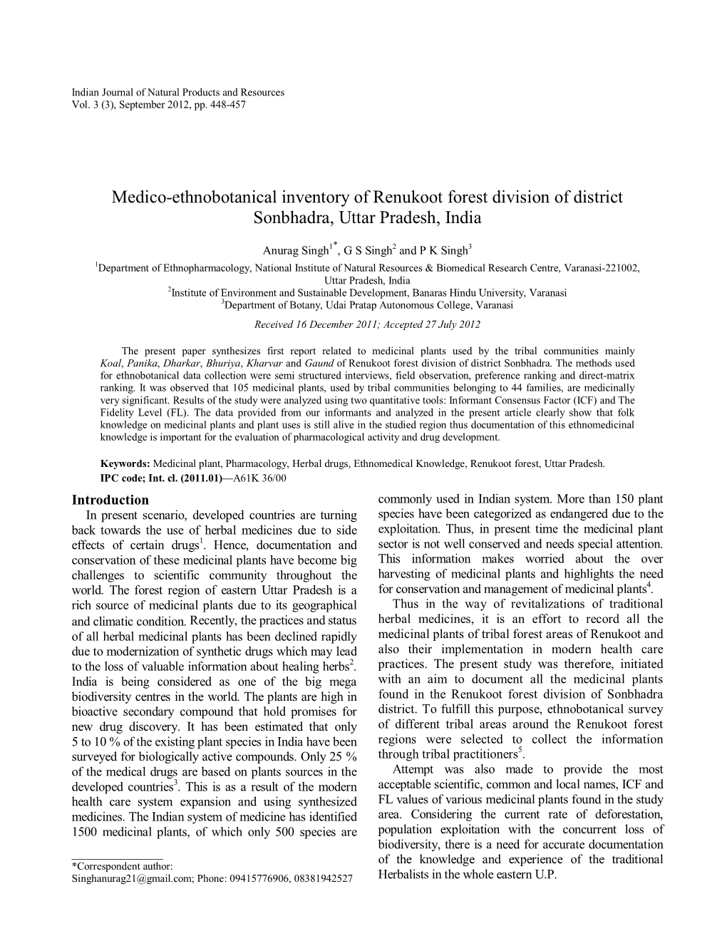 Medico-Ethnobotanical Inventory of Renukoot Forest Division of District Sonbhadra, Uttar Pradesh, India