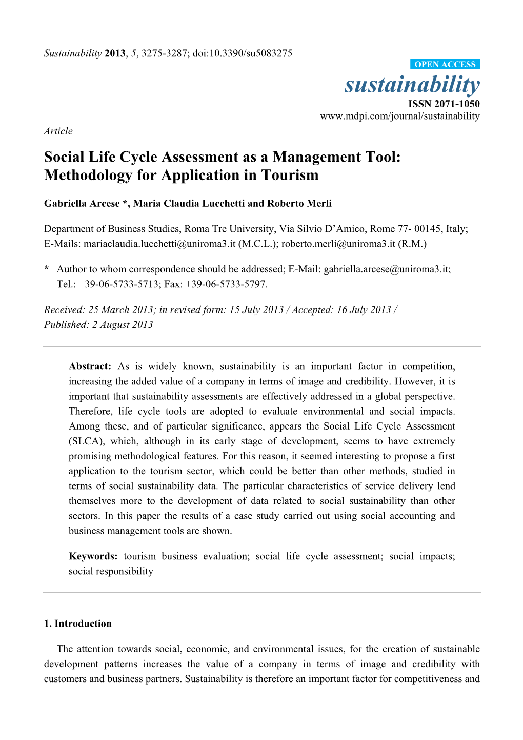 Social Life Cycle Assessment As a Management Tool: Methodology for Application in Tourism