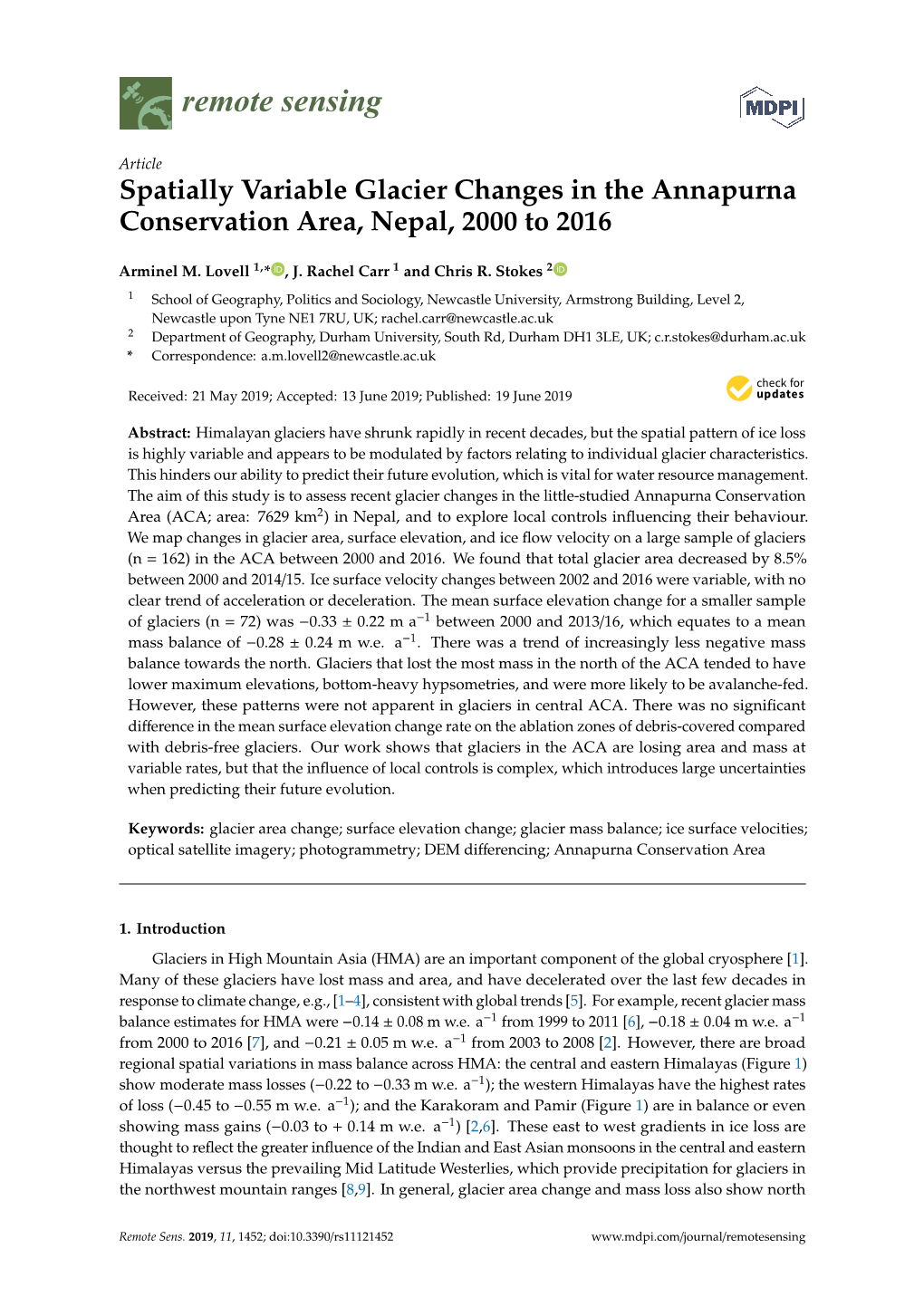 Spatially Variable Glacier Changes in the Annapurna Conservation Area, Nepal, 2000 to 2016