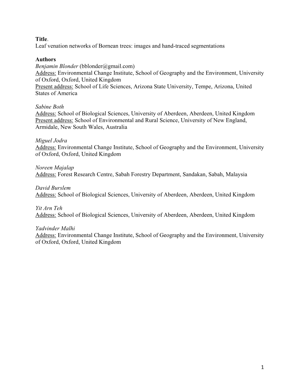 1 Title. Leaf Venation Networks of Bornean Trees