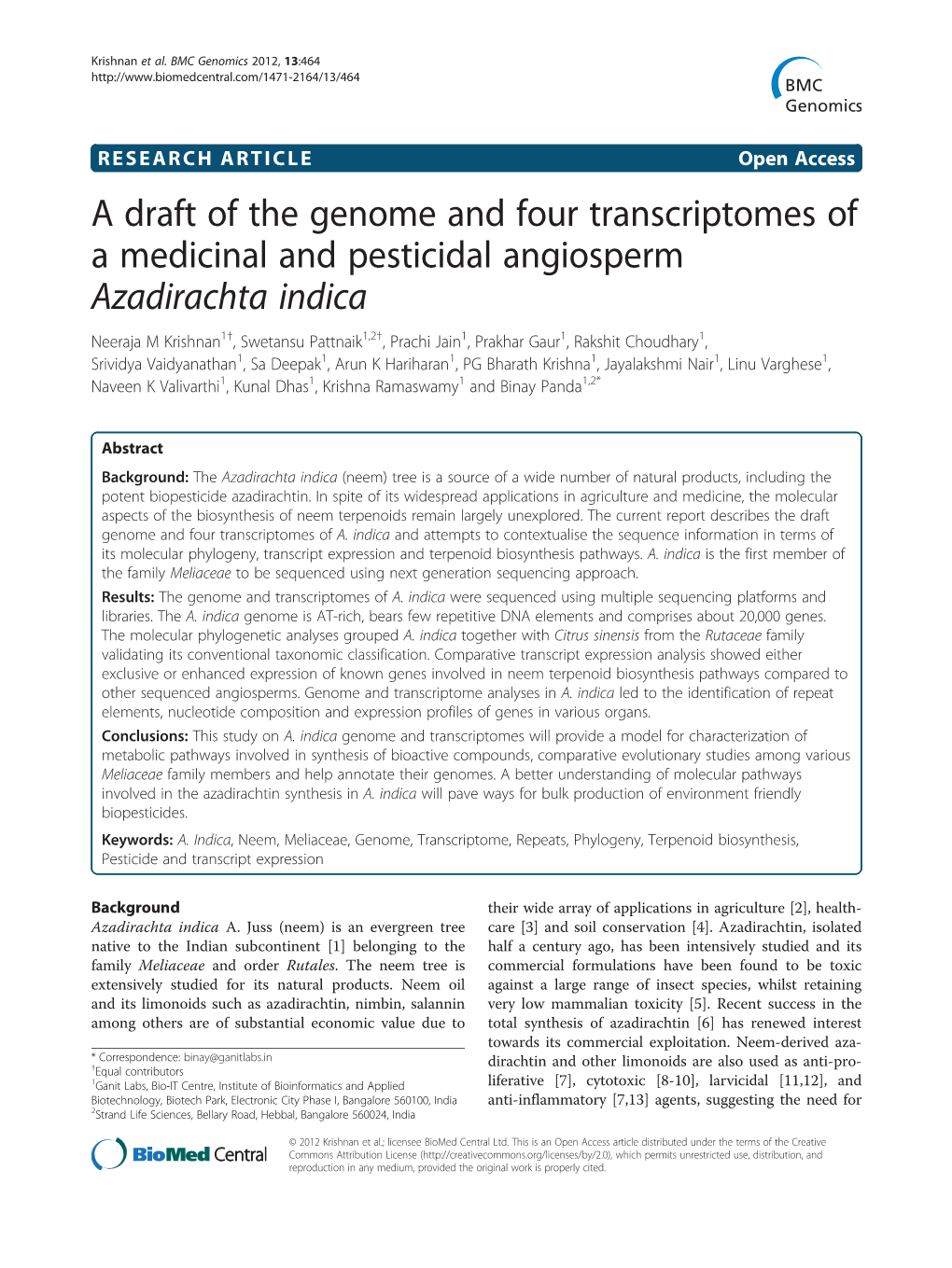 A Draft of the Genome and Four Transcriptomes of a Medicinal And