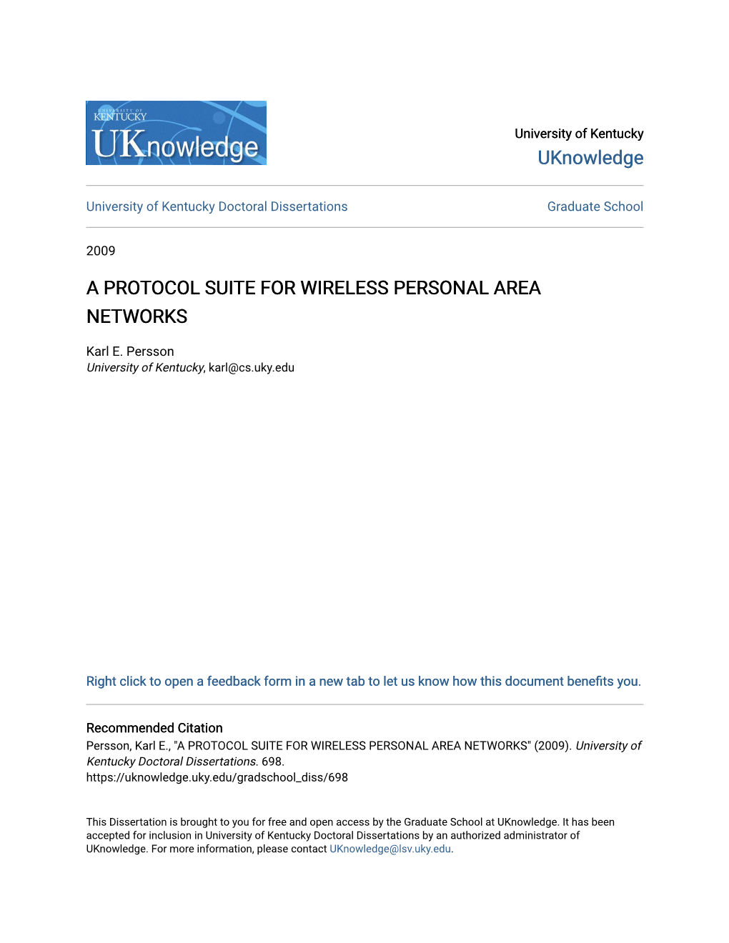 A Protocol Suite for Wireless Personal Area Networks