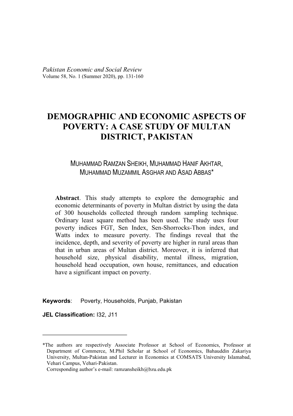 Demographic and Economic Aspects of Poverty: a Case Study of Multan District, Pakistan