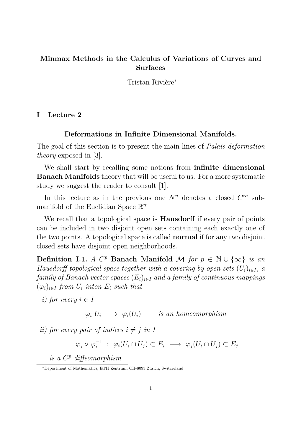 Lecture 2. Palais Deformation Theory in Infinite Dimensional Banach