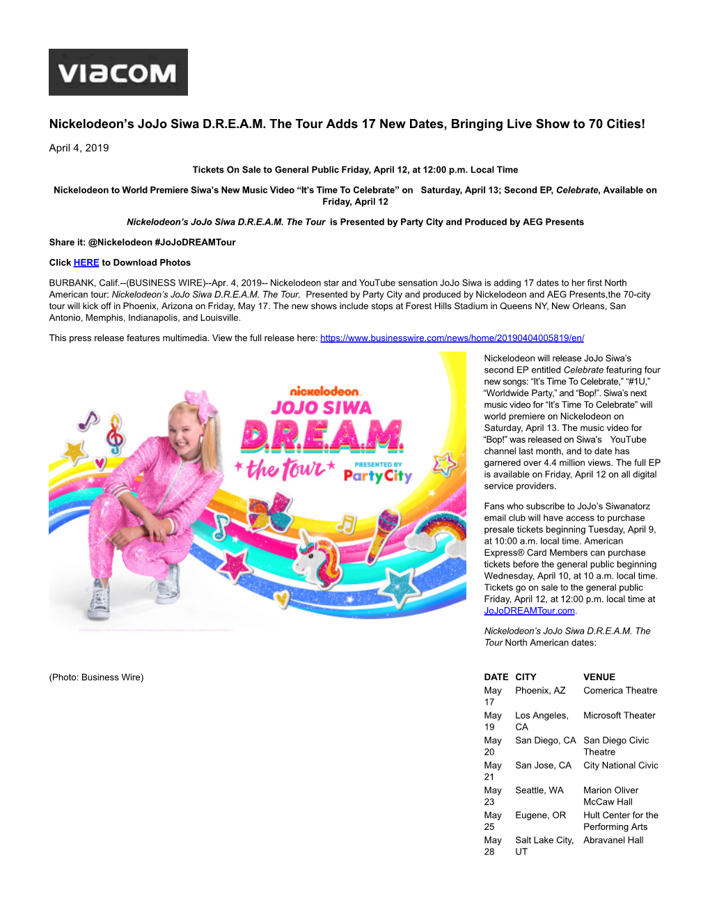 Nickelodeon's Jojo Siwa D.R.E.A.M. the Tour Adds 17 New Dates