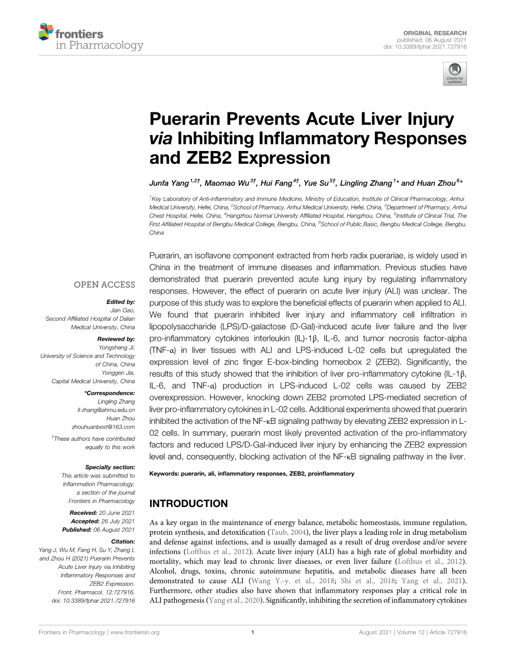 Puerarin Prevents Acute Liver Injury Via Inhibiting Inflammatory Responses and ZEB2 Expression