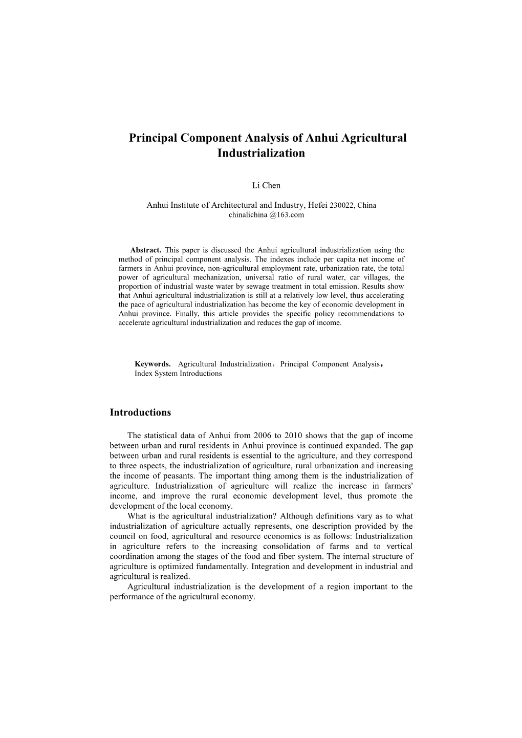 Principal Component Analysis of Anhui Agricultural Industrialization