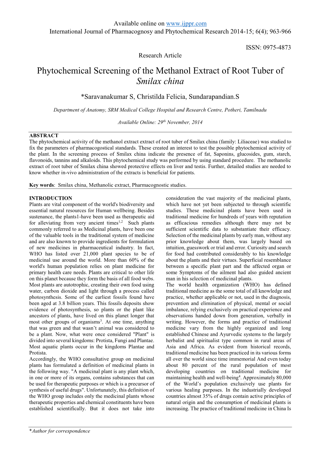 Phytochemical Screening of the Methanol Extract of Root Tuber of Smilax China