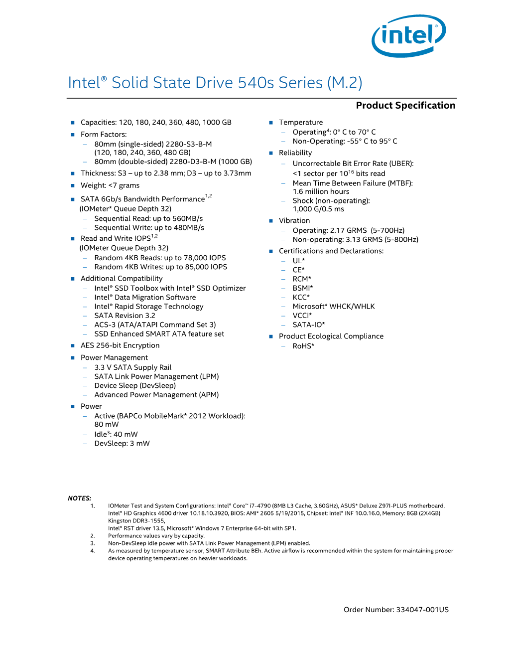 Intel® SSD 540S Series M.2 Product Specification