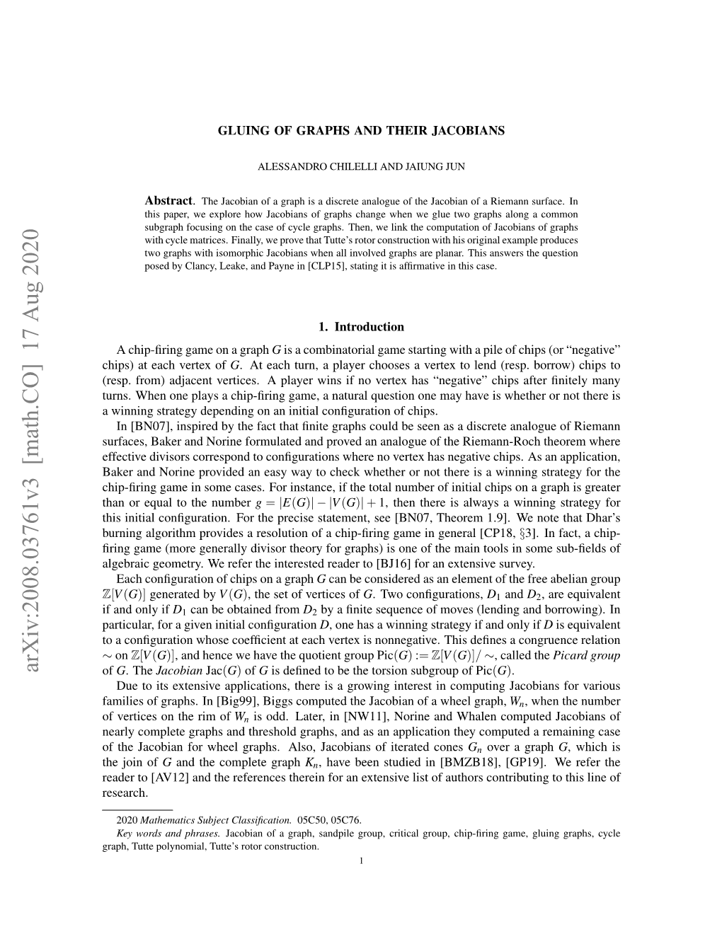 Arxiv:2008.03761V3 [Math.CO] 17 Aug 2020 of G