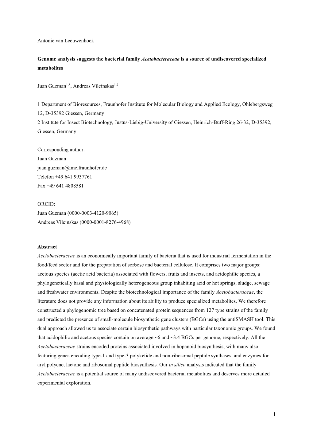 Antonie Van Leeuwenhoek Genome Analysis Suggests the Bacterial