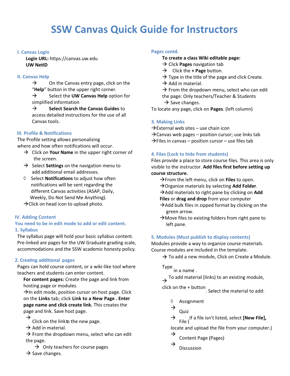 SSW Canvas Quick Guide for Instructors