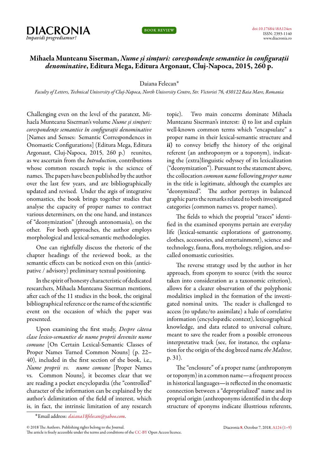 Mihaela Munteanu Siserman, Nume Și Simțuri: Corespondențe Semantice În Configurații Denominative, Editura Mega, Editura Argonaut, Cluj-Napoca, 2015, 260 P