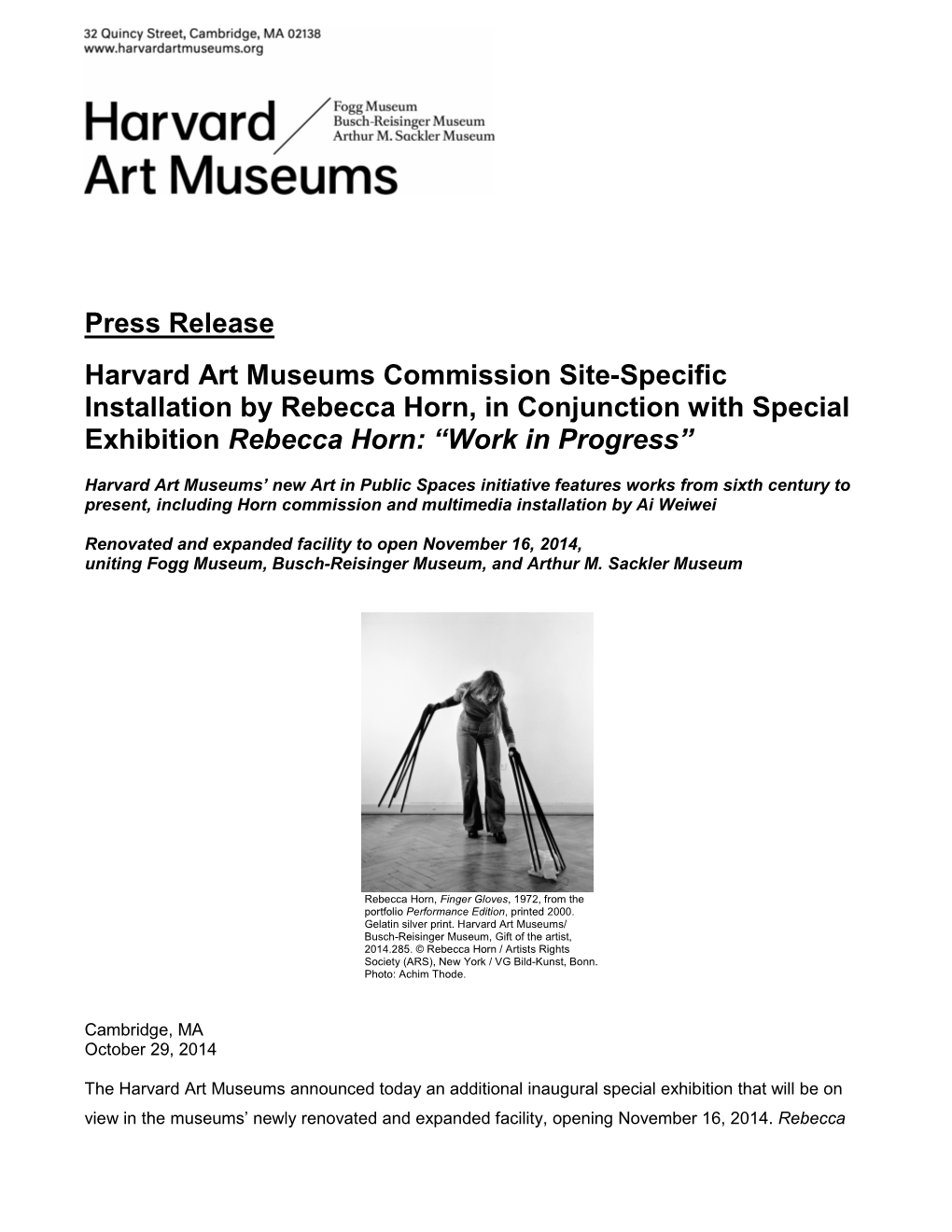 Press Release Harvard Art Museums Commission Site-Specific