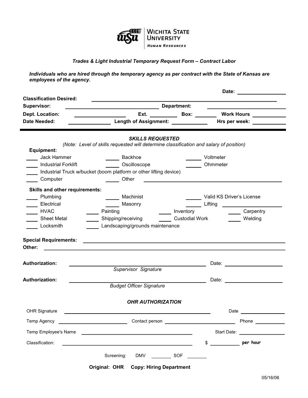 Trades & Light Industrial Temporary Request Form Contract Labor