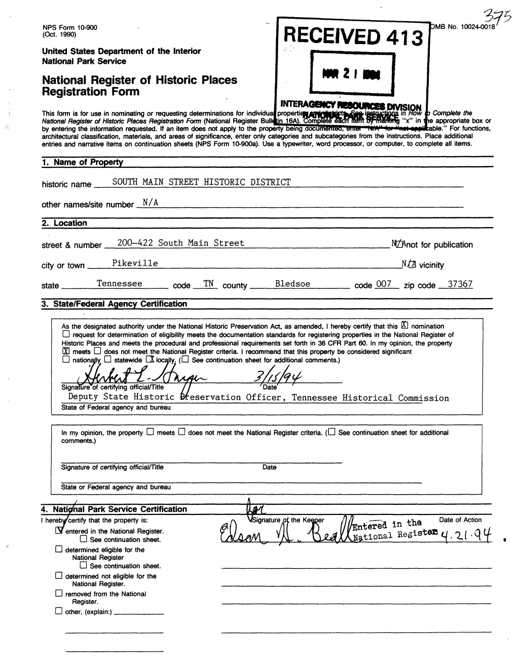 RECEIVED 413 United States Department of the Interior National Park Service National Register of Historic Places Registration Form