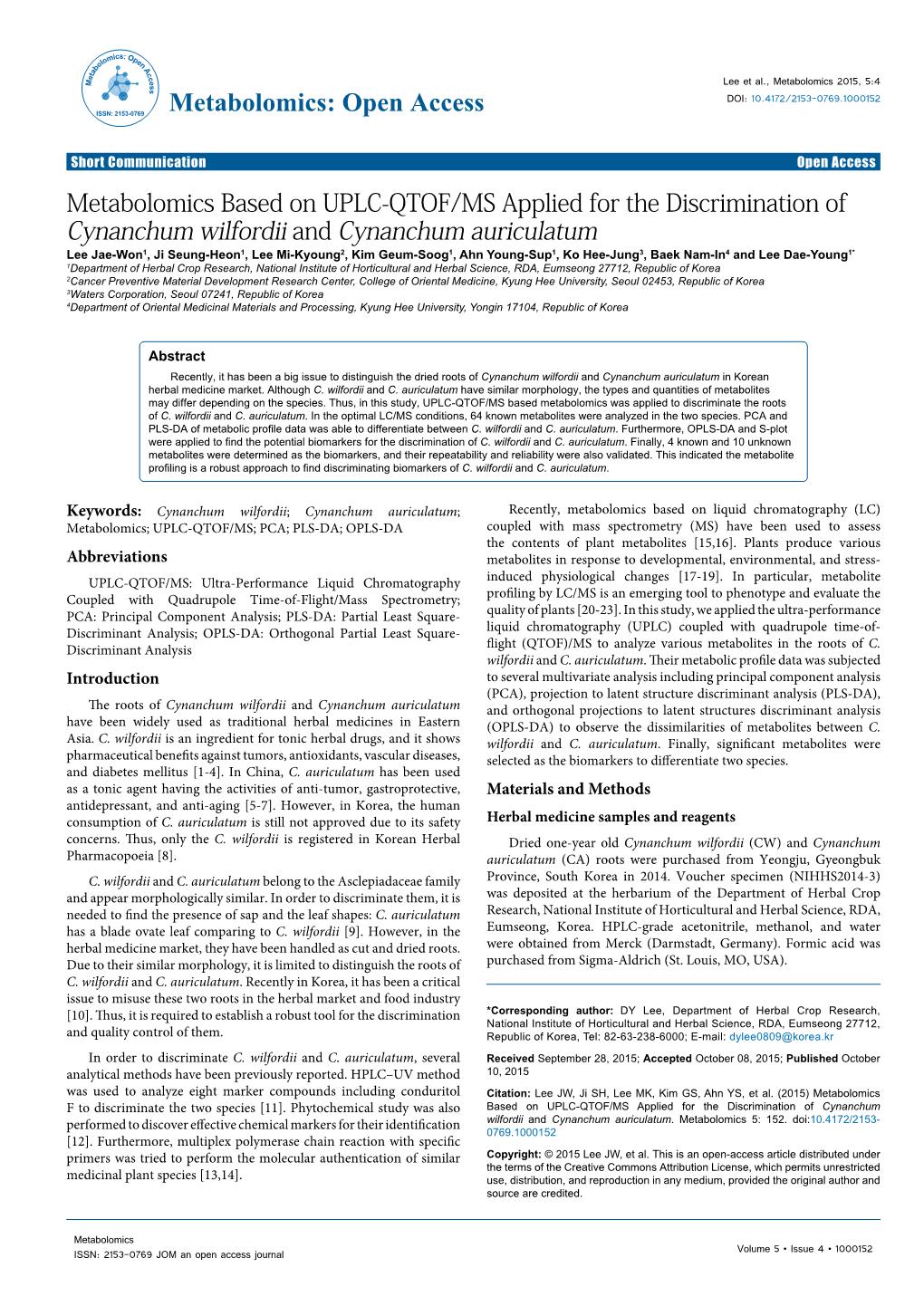 Metabolomics Based on UPLC-QTOF/MS Applied for The