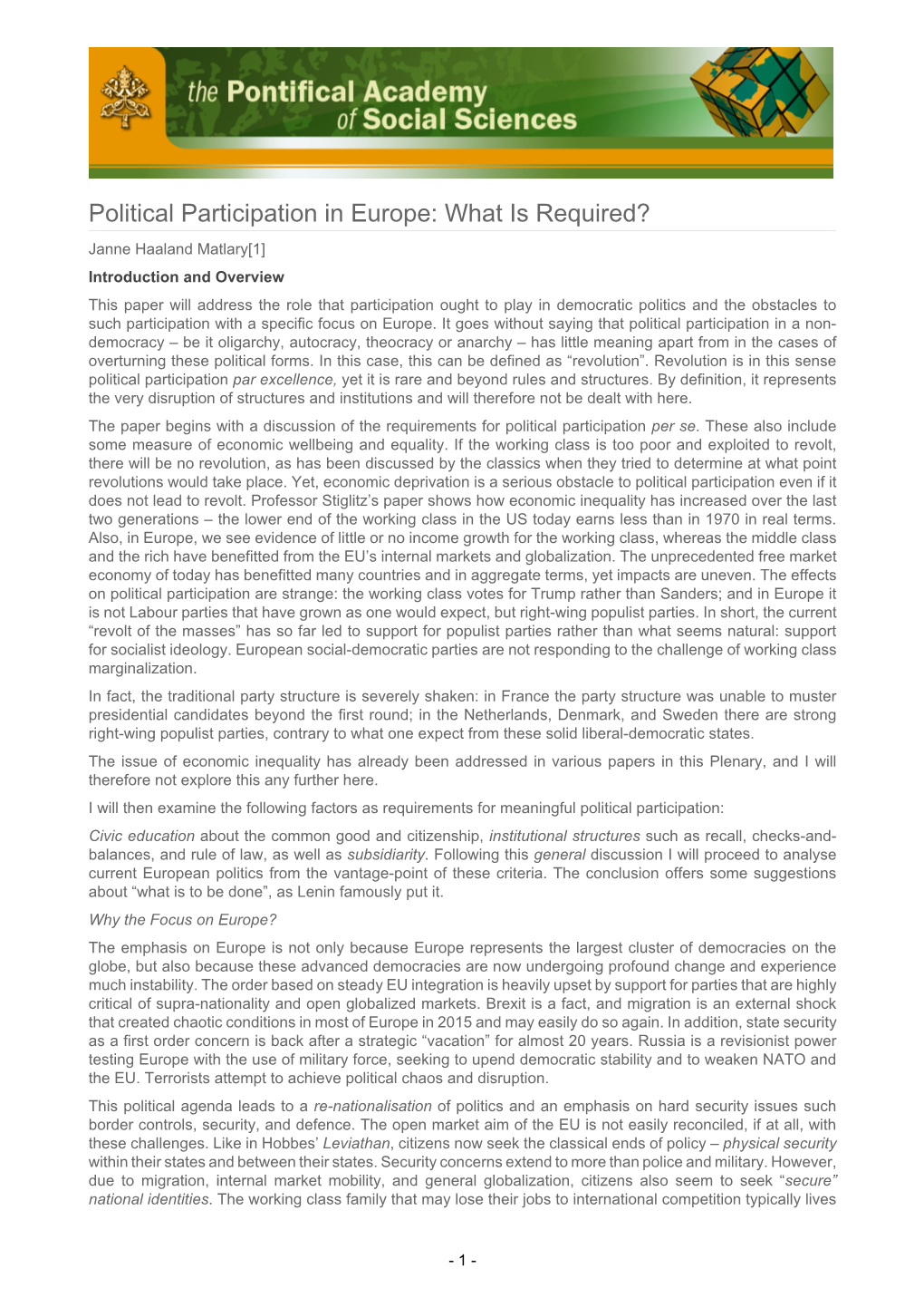 Political Participation in Europe: What Is Required?