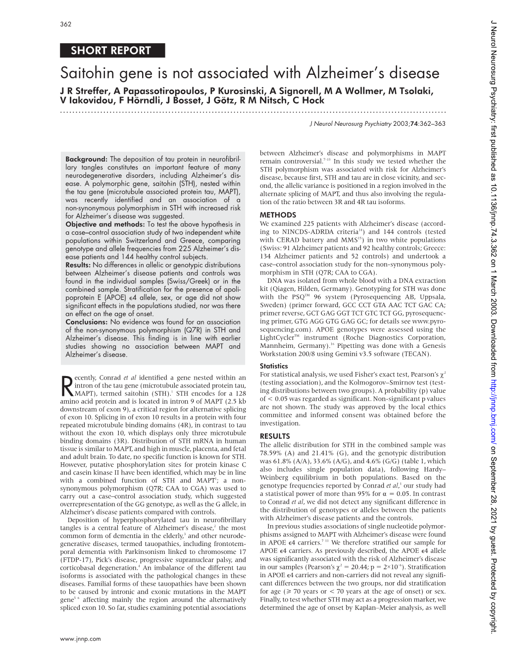 Saitohin Gene Is Not Associated with Alzheimer's Disease