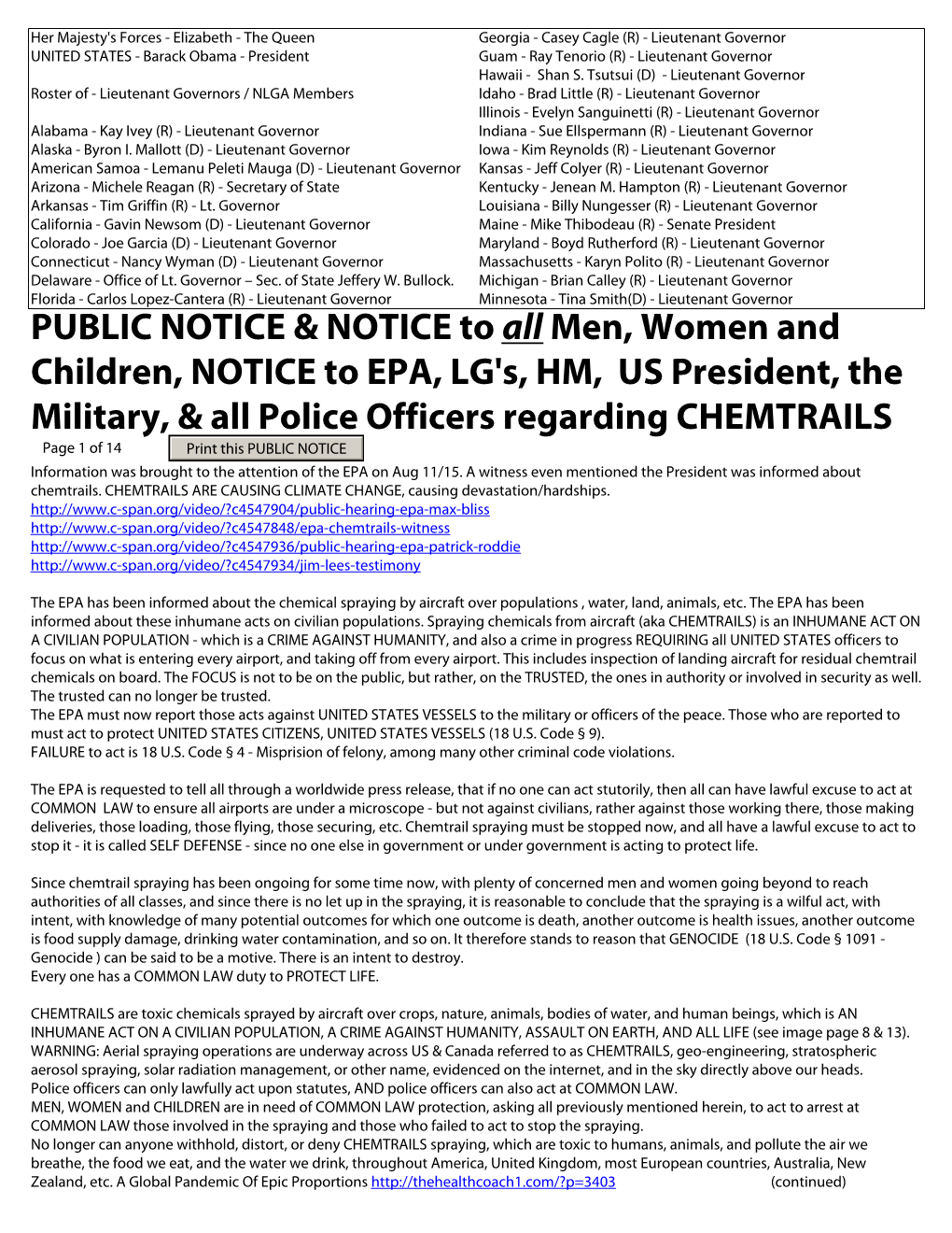 PUBLIC NOTICE & NOTICE to All Men, Women and Children