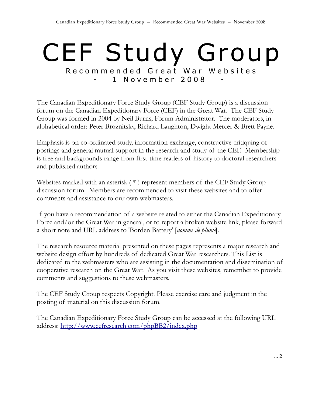 CEF Study Group Recommended Great War Websites - 1 November 2008