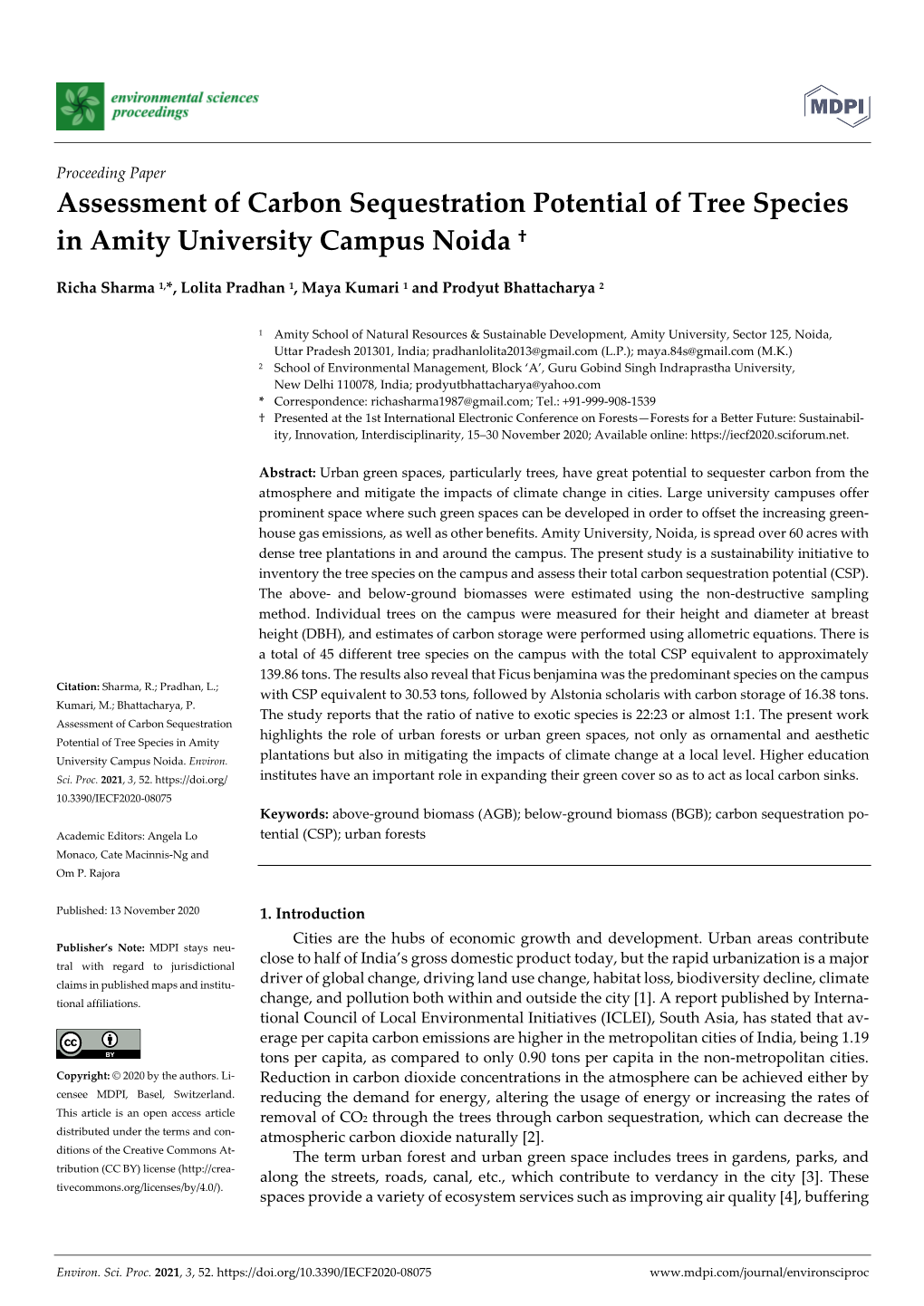Assessment of Carbon Sequestration Potential of Tree Species in Amity University Campus Noida †