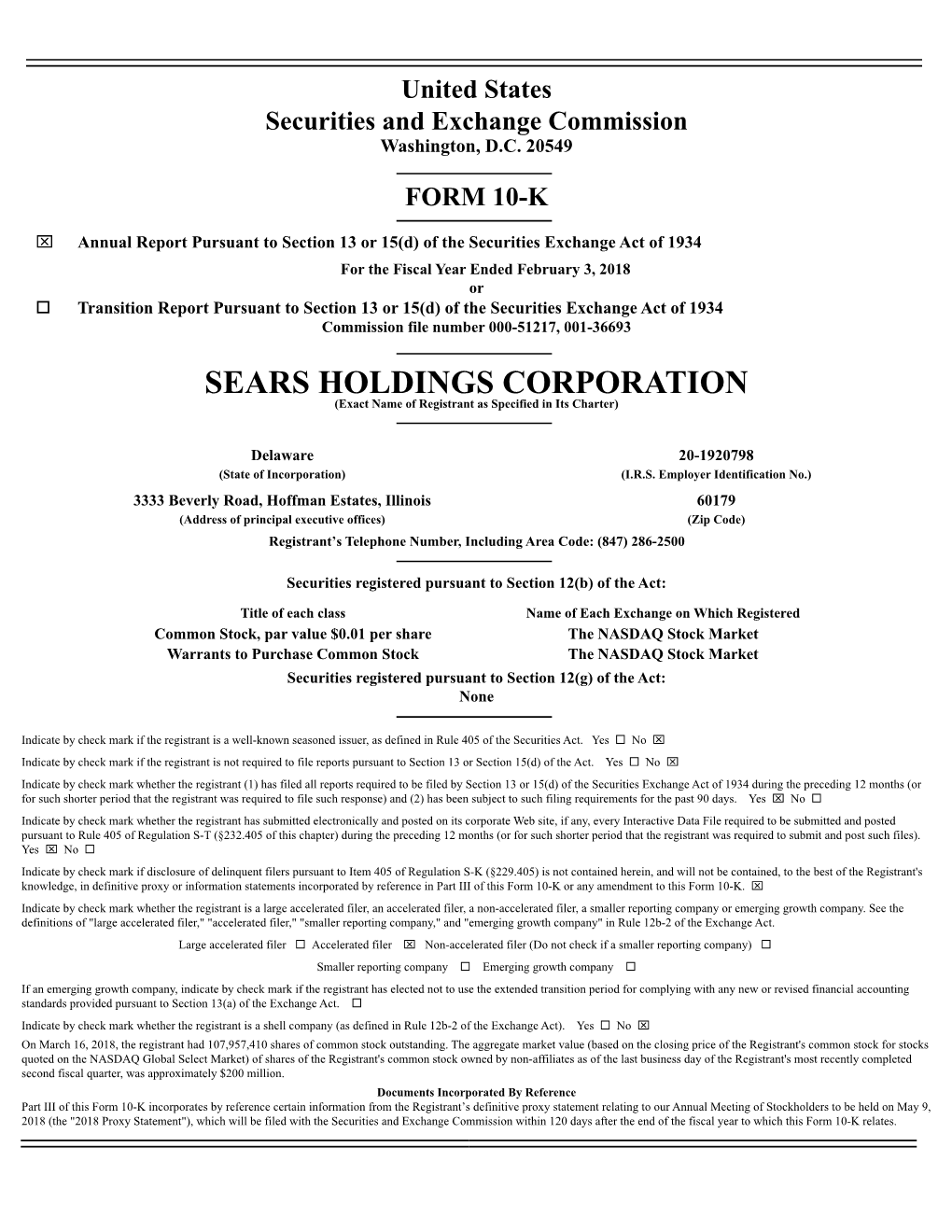 SEARS HOLDINGS CORPORATION (Exact Name of Registrant As Specified in Its Charter)