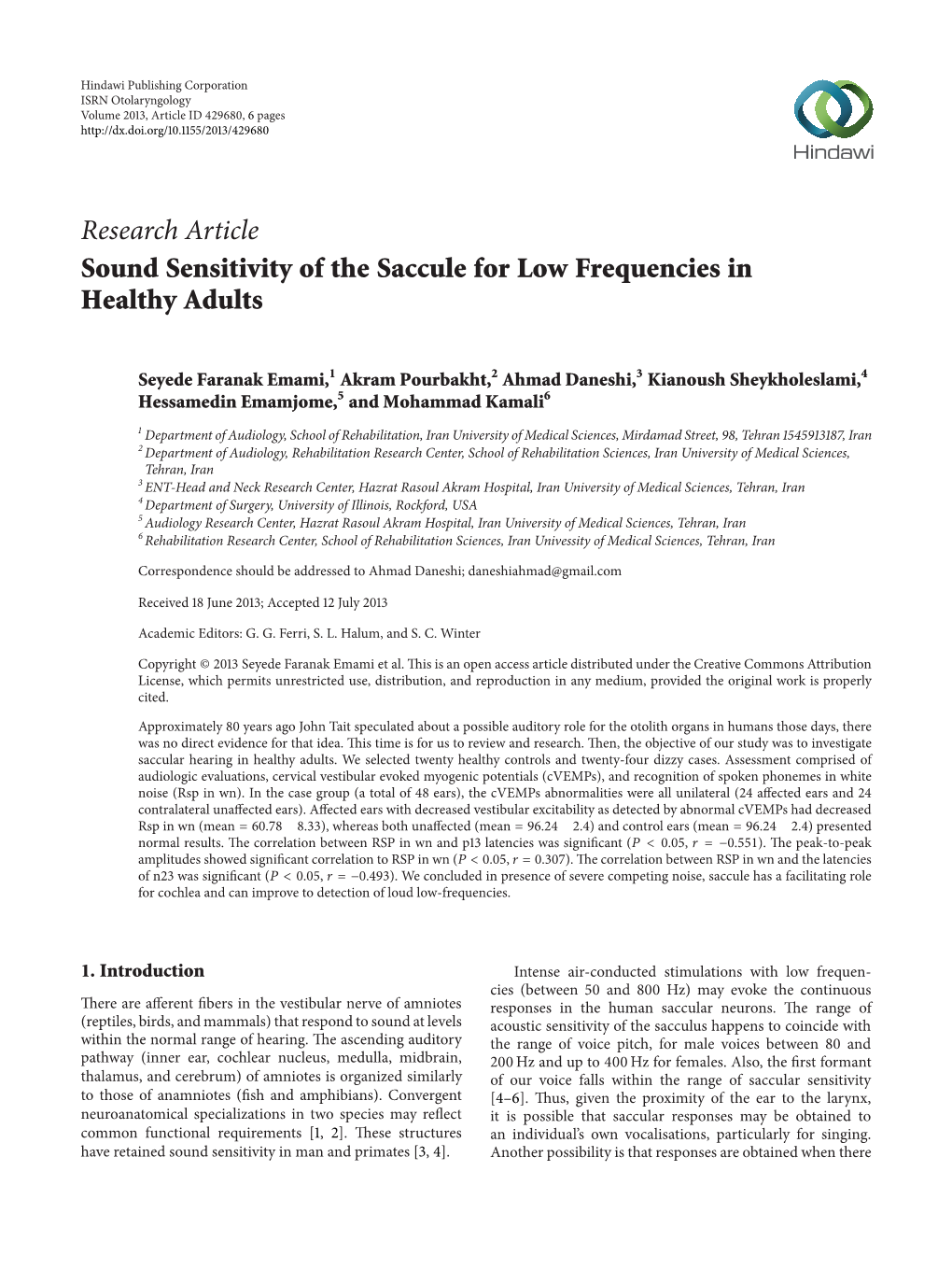 Sound Sensitivity of the Saccule for Low Frequencies in Healthy Adults