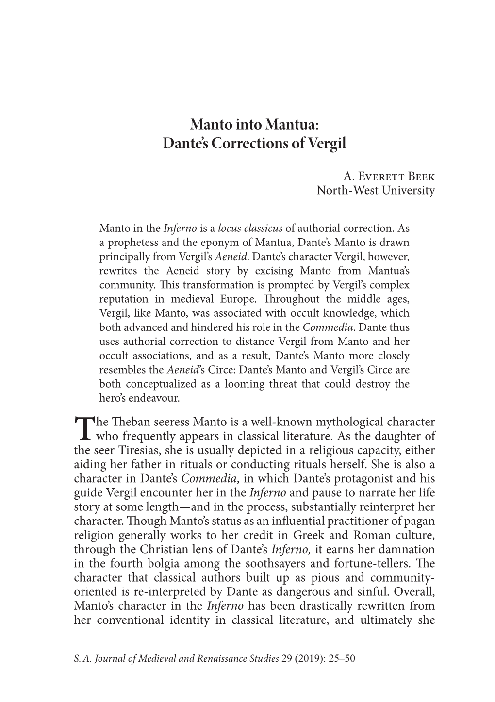 Manto Into Mantua: Dante’S Corrections of Vergil