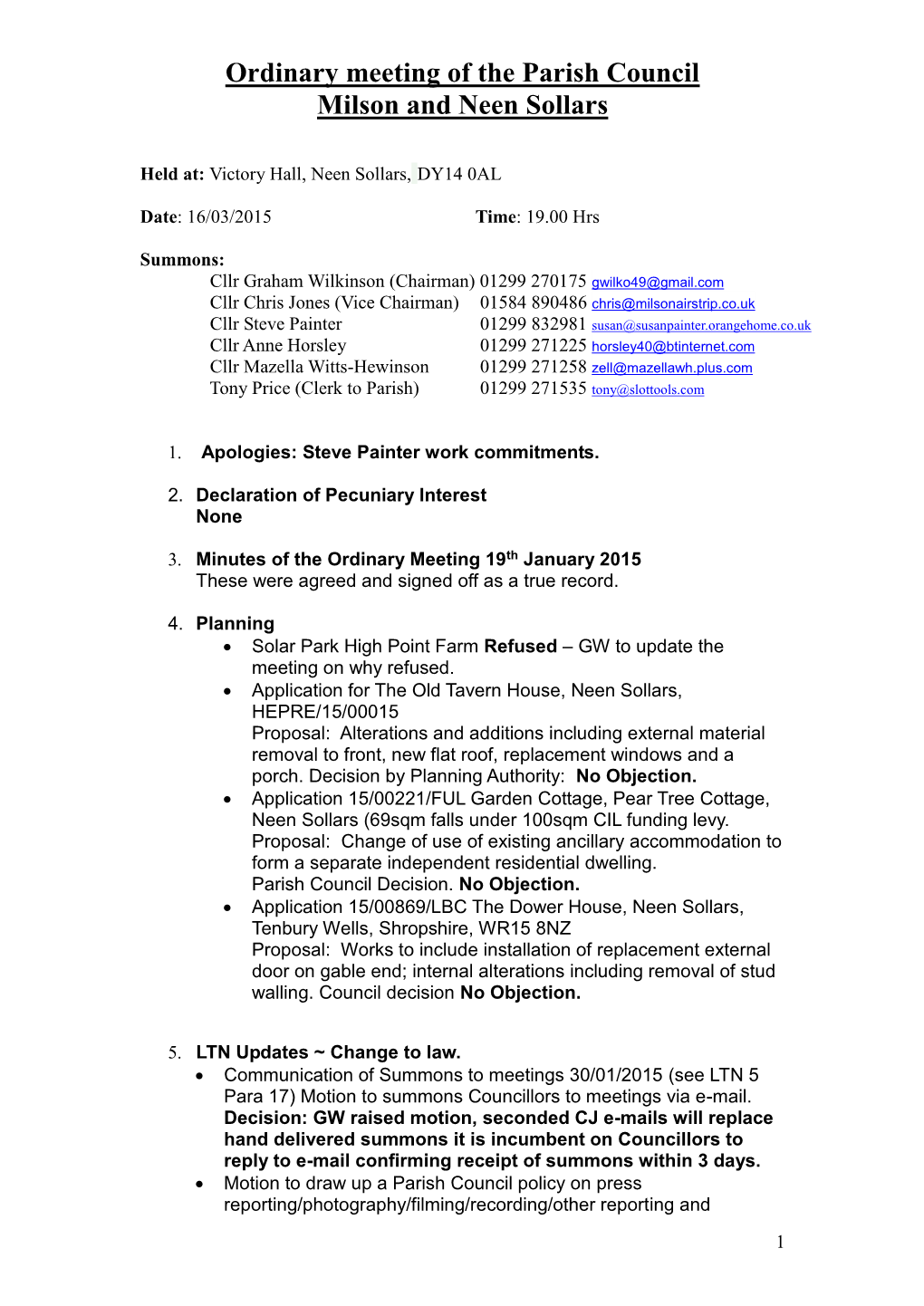 Ordinary Meeting of the Parish Council Milson and Neen Sollars