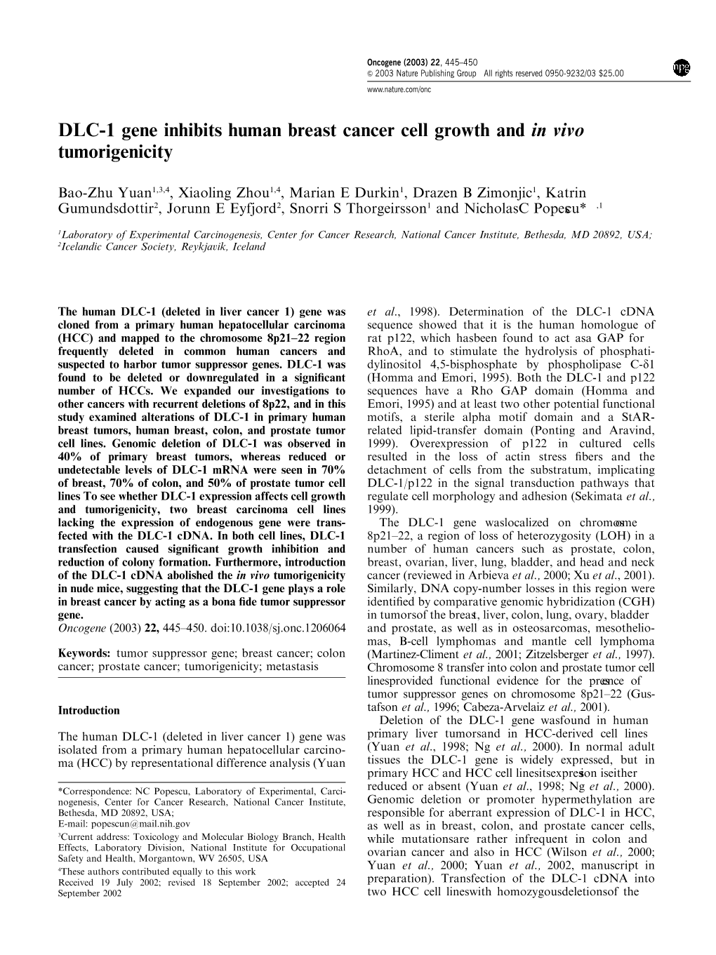 DLC-1 Gene Inhibits Human Breast Cancer Cell Growth and in Vivo Tumorigenicity