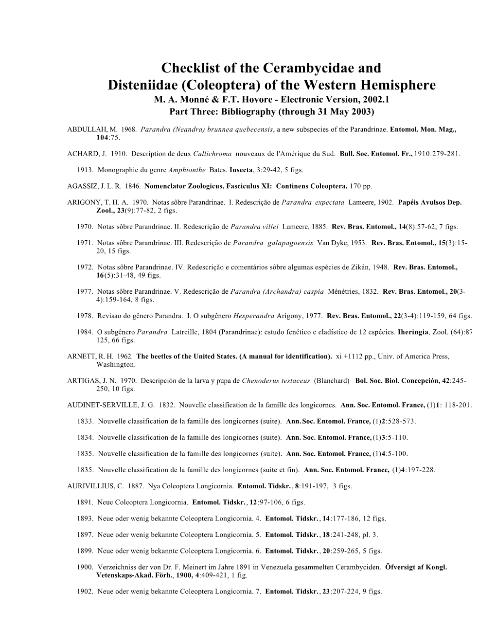 Checklist of the Cerambycidae and Disteniidae (Coleoptera) of the Western Hemisphere M