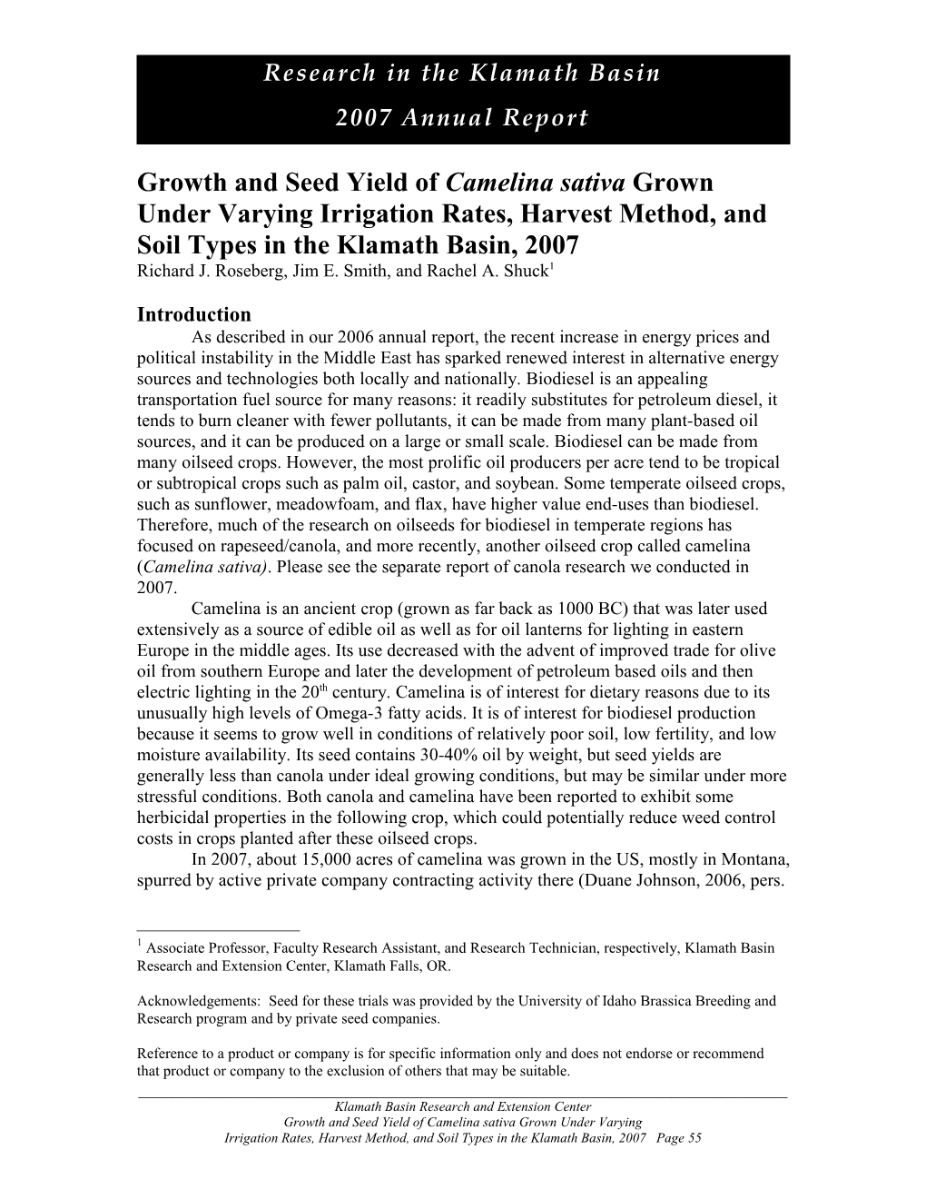 Growth and Seed Yield of Camelina Sativa Grown Under Varying Irrigation Rates, Harvest