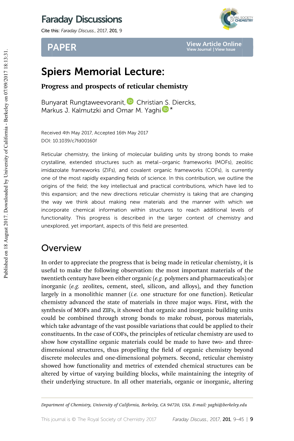 Spiers Memorial Lecture:Progress and Prospects of Reticular Chemistry