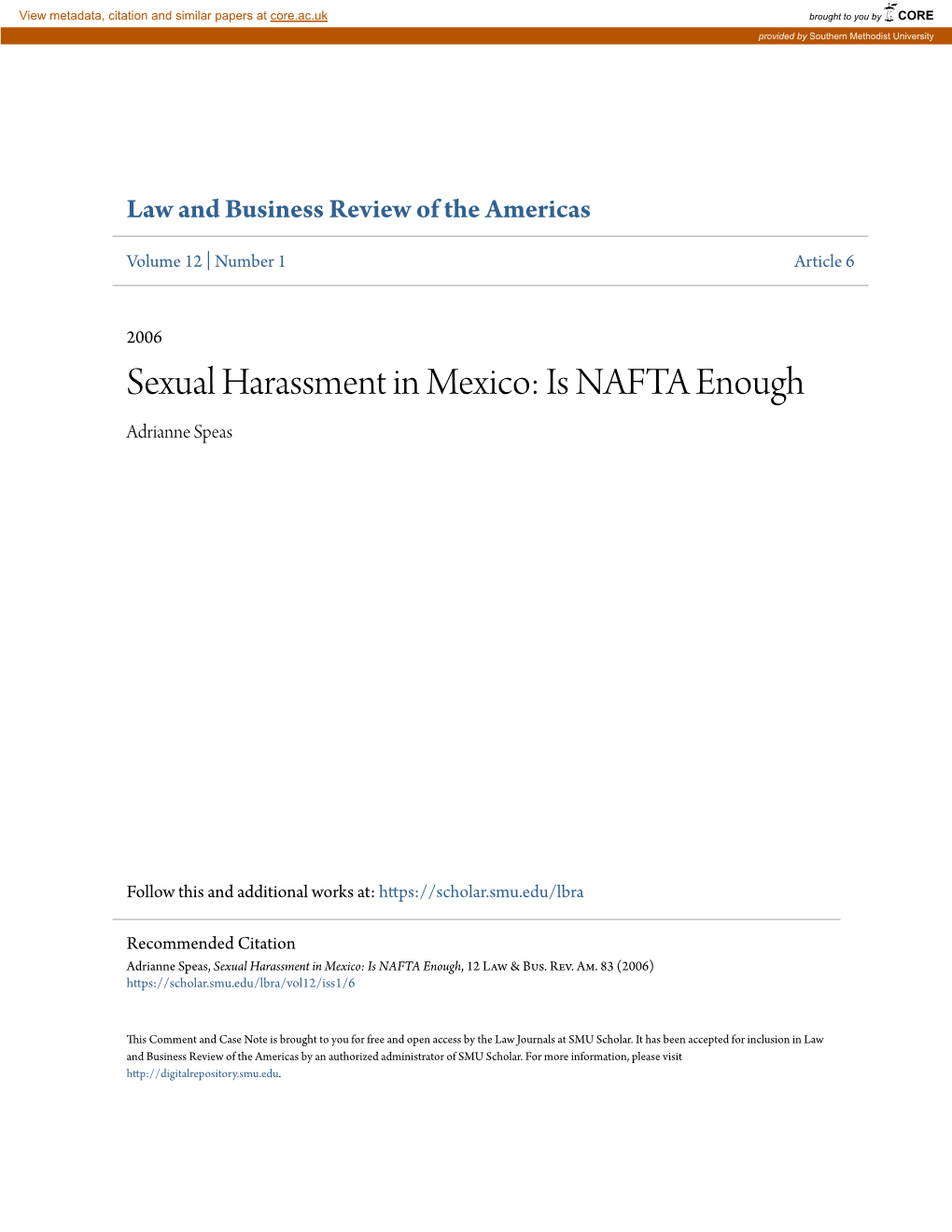 Sexual Harassment in Mexico: Is NAFTA Enough Adrianne Speas