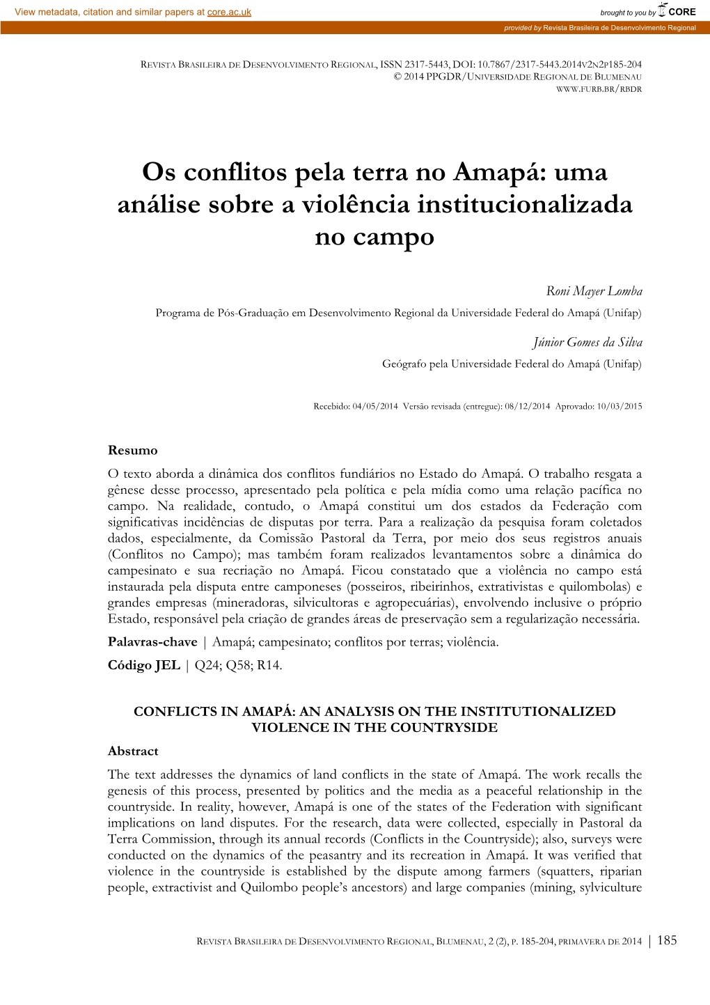 Os Conflitos Pela Terra No Amapá: Uma Análise Sobre a Violência Institucionalizada No Campo