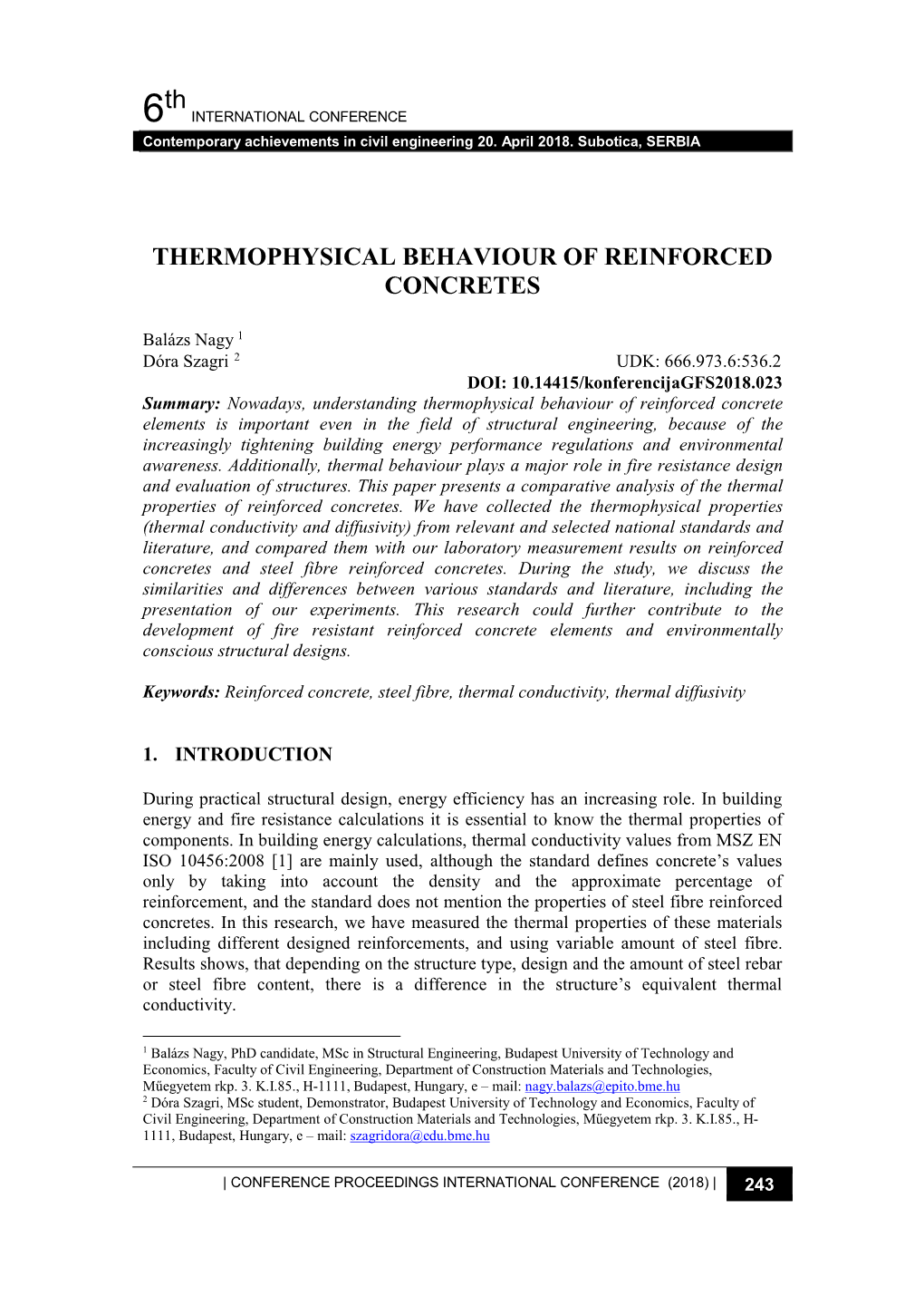 6Th THERMOPHYSICAL BEHAVIOUR of REINFORCED CONCRETES