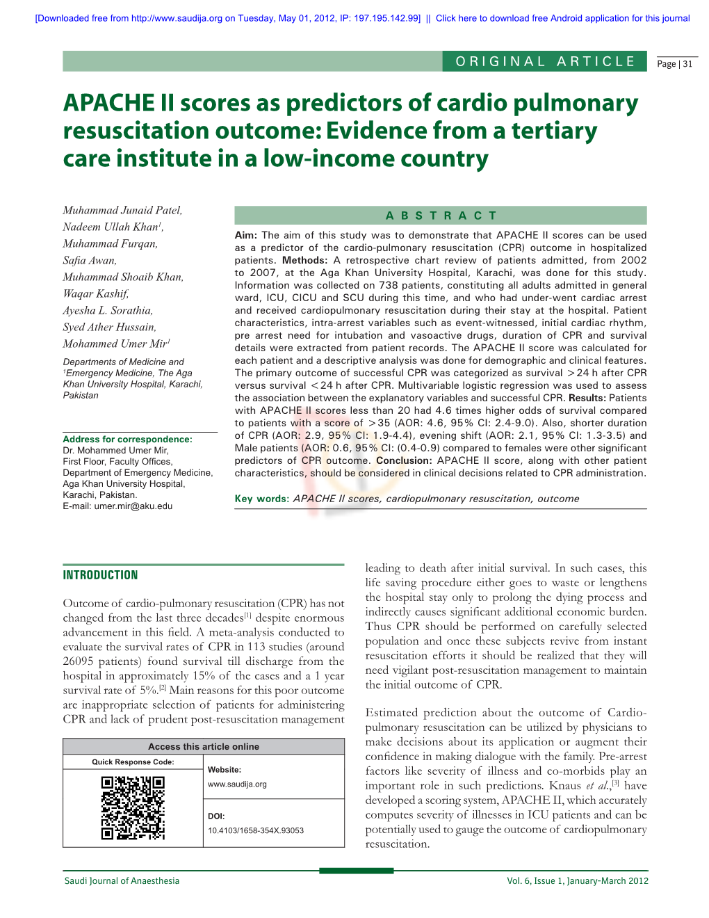 APACHE II Scores As Predictors of Cardio Pulmonary Resuscitation Outcome: Evidence from a Tertiary Care Institute in a Low‑Income Country